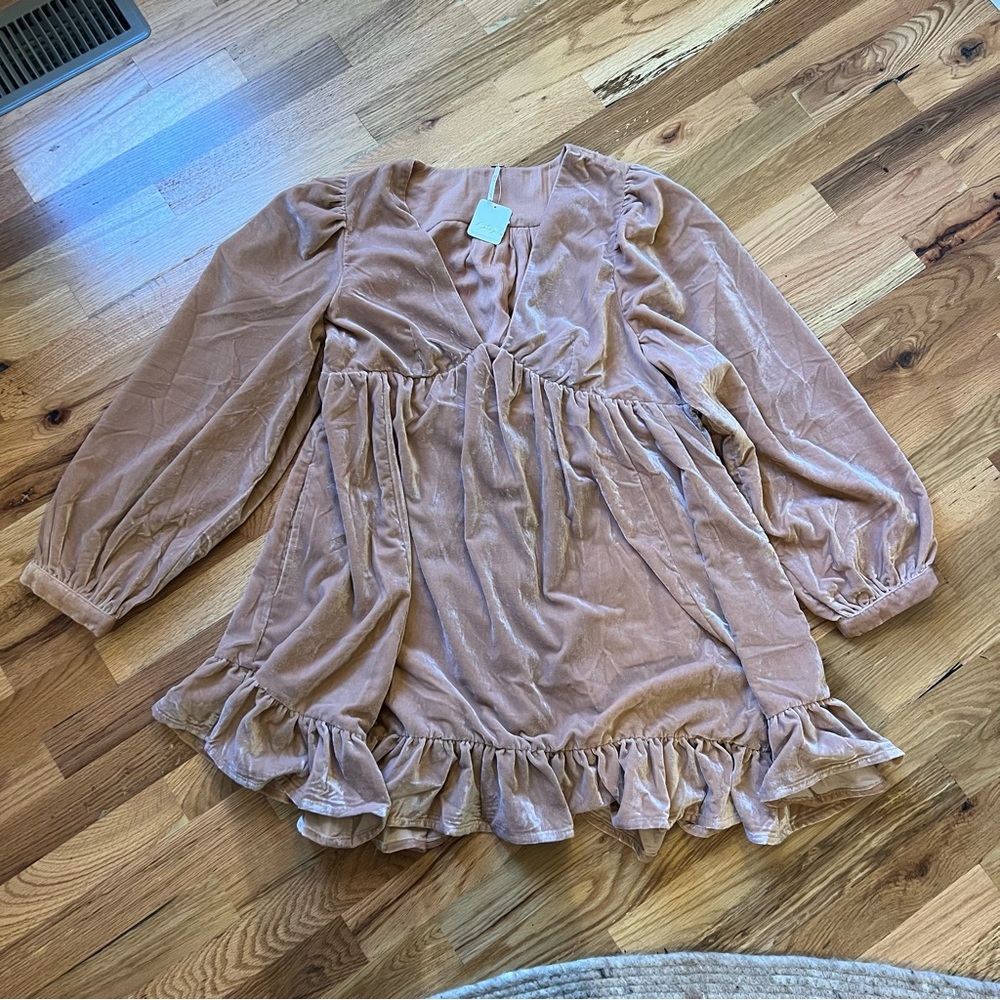 FREE PEOPLE Estella Velvet Ruffled Hem Mini Dress In Rose Pearl Size M